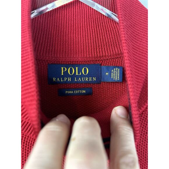Polo Ralph Lauren Mesh Knit Cotton Quarter Zip Red Black Pony Sweater Medium - Picture 9 of 10